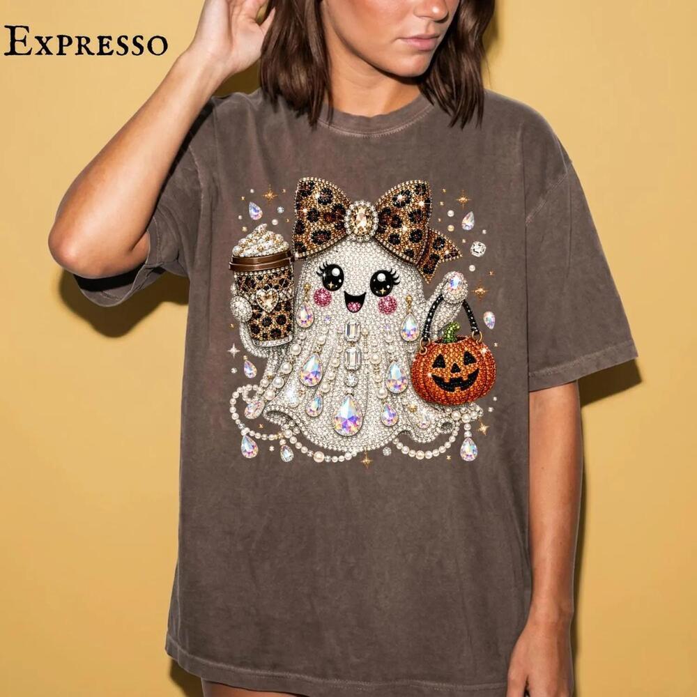 Bling Print On Ghost Halloween Shirt, Jeweled Ghost Coffee Pumpkin Tee